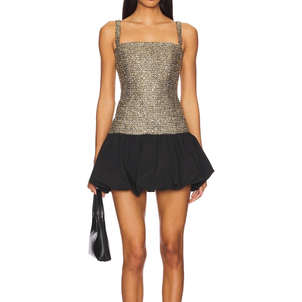 Black and Gold Fit and Flare Mini Dress with Square Neck for Night Out